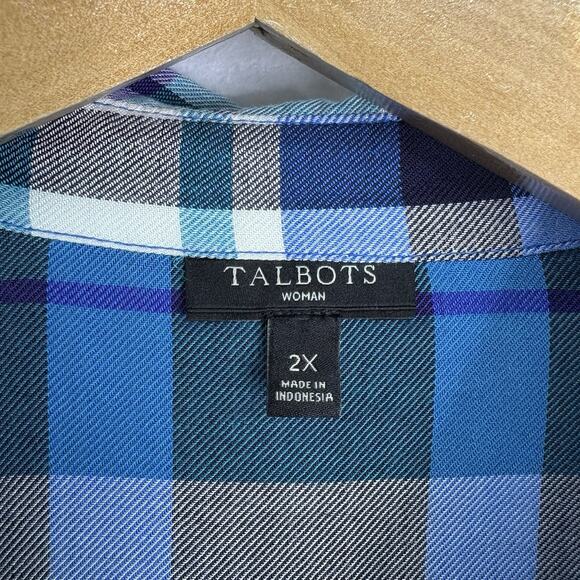Talbots Womens Plus Sz 2X Blue Plaid Rayon Button Up Blouse‎ Pocket Long Sleeve - Picture 5 of 6